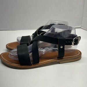 Kjacques Sandals Open Toe Strappy Flats Shoes Leather Black Size 40 US 8.5 - 9